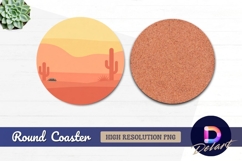 Minimalist desert landscape with cactus Round Coaster PNG Product Image 1