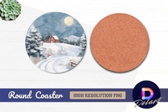 Snowy farmhouse winter night Round Coaster PNG Product Image 1