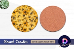 Yellow floral bee pattern Round Coaster PNG Product Image 1