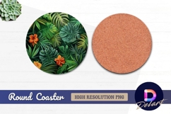 Tropical leaves with hibiscus Round Coaster PNG Product Image 1