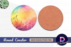 Watercolor grassland field colorful Round Coaster PNG Product Image 1