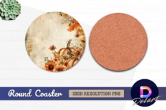 Watercolor pumpkins and flowers Round Coaster PNG Product Image 1