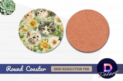 Whimsical cats flowers and fruits Round Coaster PNG Product Image 1