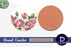 Watercolor rose border floral arrangement Round Coaster PNG Product Image 1