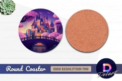 Fantasy castle pink trees and bridge landscape Round Coaster Product Image 1