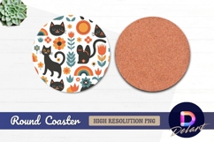 Retro cats and flowers seamless pattern Round Coaster PNG Product Image 1