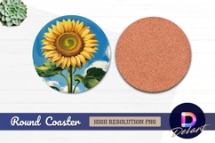 Sunflower illustration against blue Round Coaster PNG Product Image 1