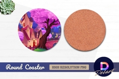 Cartoon landscape with pink trees and Round Coaster PNG Product Image 1