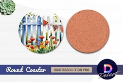 Watercolor poppies along white picket Round Coaster PNG Product Image 1