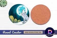 Wolf howling at moon in snowy forest Round Coaster PNG Product Image 1