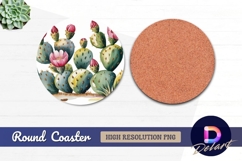 Watercolor blooming cactus plants Round Coaster PNG Product Image 1