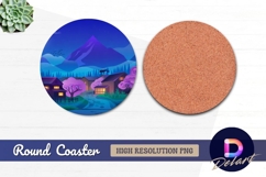 Night village landscape with mountain Round Coaster PNG Product Image 1