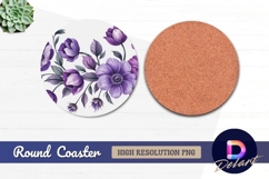 Watercolor purple flowers arrangement round coaster png Product Image 1
