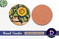 Watercolor sunflowers in wooden crate Round Coaster PNG Product Image 1