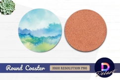 Watercolor mountain landscape green Round Coaster PNG Product Image 1