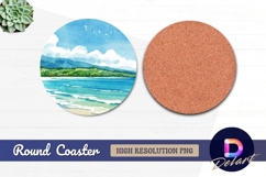 Watercolor beach landscape with green hills Round Coaster Product Image 1