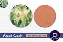Watercolor green forest trees Round Coaster PNG Design Product Image 1