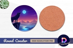 Wolf howling at the moon night landscape Round Coaster PNG Product Image 1