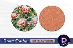 Protea flowers and green leaves Round Coaster PNG Product Image 1