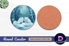 Two white foxes in snowy winter forest Round Coaster PNG Product Image 1