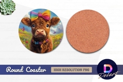 Cute highland cow with rainbow Round Coaster PNG Product Image 1