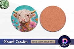 Highland cow portrait surrounded Round Coaster PNG Product Image 1