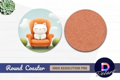Cartoon cat relaxing on orange Round Coaster PNG Product Image 1