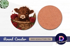 Cute highland calf in basket with roses Round Coaster PNG Product Image 1