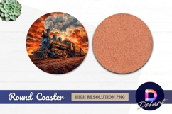 Vintage steam train at fiery sunset Round Coaster PNG Product Image 1