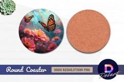 Monarch butterflies with pink flowers Round Coaster PNG Product Image 1