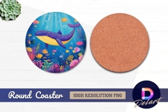 Whale and fish colorful undersea Round Coaster PNG Product Image 1
