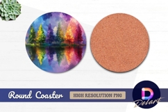 Colorful trees reflected in water round coaster png Product Image 1