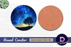 Starry night sky with lone tree silhouette Round Coaster PNG Product Image 1