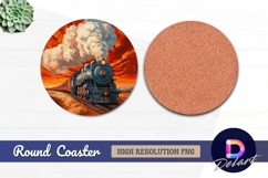 Vintage steam train painting under fiery Round Coaster PNG Product Image 1