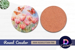 Watercolor tulips and butterflies with Round Coaster PNG Product Image 1