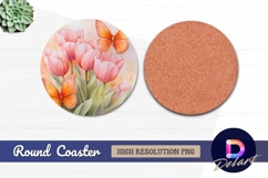 Watercolor tulips and butterflies Round Coaster PNG Product Image 1