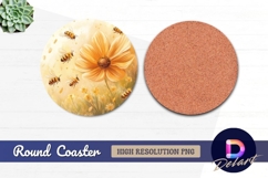 Bees flying around flower in meadow Round Coaster PNG Product Image 1