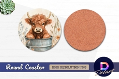 Cute highland cow in bucket watercolor Round Coaster PNG Product Image 1