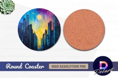 Night cityscape painting with moon Round Coaster PNG Product Image 1