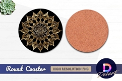 Golden floral mandala pattern on black Round Coaster PNG Product Image 1