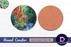 Watercolor painting of lilies by a stream Round Coaster PNG Product Image 1