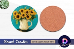 Sunflowers in white pitcher oil painting Round Coaster PNG Product Image 1