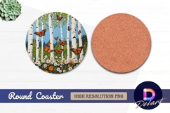 Birch trees with monarch butterflies Round Coaster PNG Product Image 1