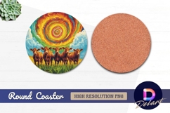 Cows beneath a colorful swirling sky Round Coaster PNG Product Image 1