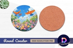 Birds flying over colorful flower field Round Coaster PNG Product Image 1