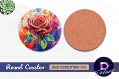 Watercolor rose with colorful splatter Round Coaster PNG Product Image 1