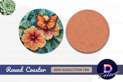 Watercolor butterfly and hibiscus flower Round Coaster PNG Product Image 1