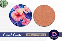 Watercolor pink hibiscus flowers with blue Round Coaster PNG Product Image 1