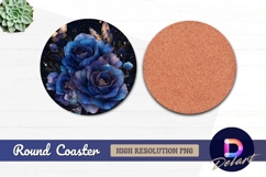 Blue roses and butterflies on dark Round Coaster PNG Product Image 1