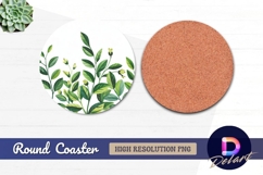 Watercolor green leaves and buds pattern Round Coaster PNG Product Image 1